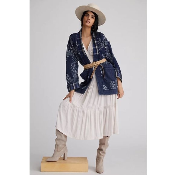 Pilcro Quilted Kimono Jacket / S/M / Blue Motif Anthropologie Long Cardigan Wrap - Picture 1 of 10
